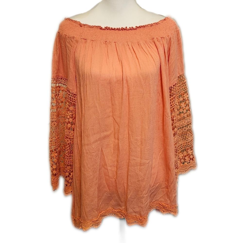 POL coral peach off the shoulder flowy bell sleeve blouse, lace cutouts, size L